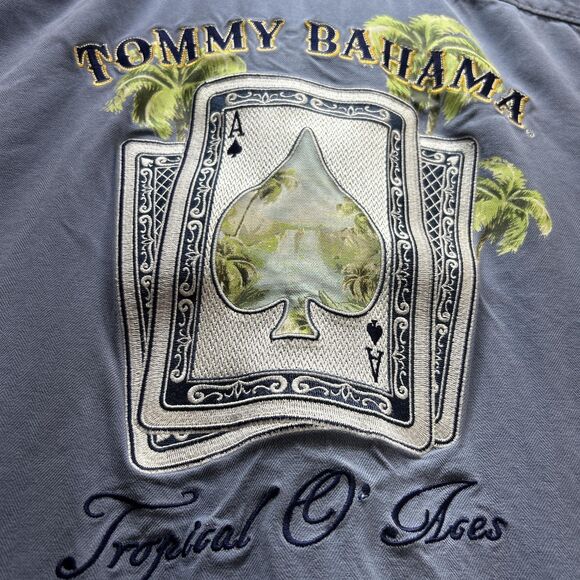 Tommy Bahama Hawaiian Camp Shirt Mens Large Silk O' Aces Embroidered Graphic - Picture 2 of 10
